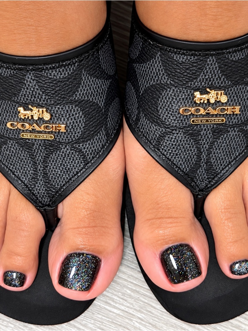Coach Black Signature Logo Toe-Post Sandals with Gold Hardware